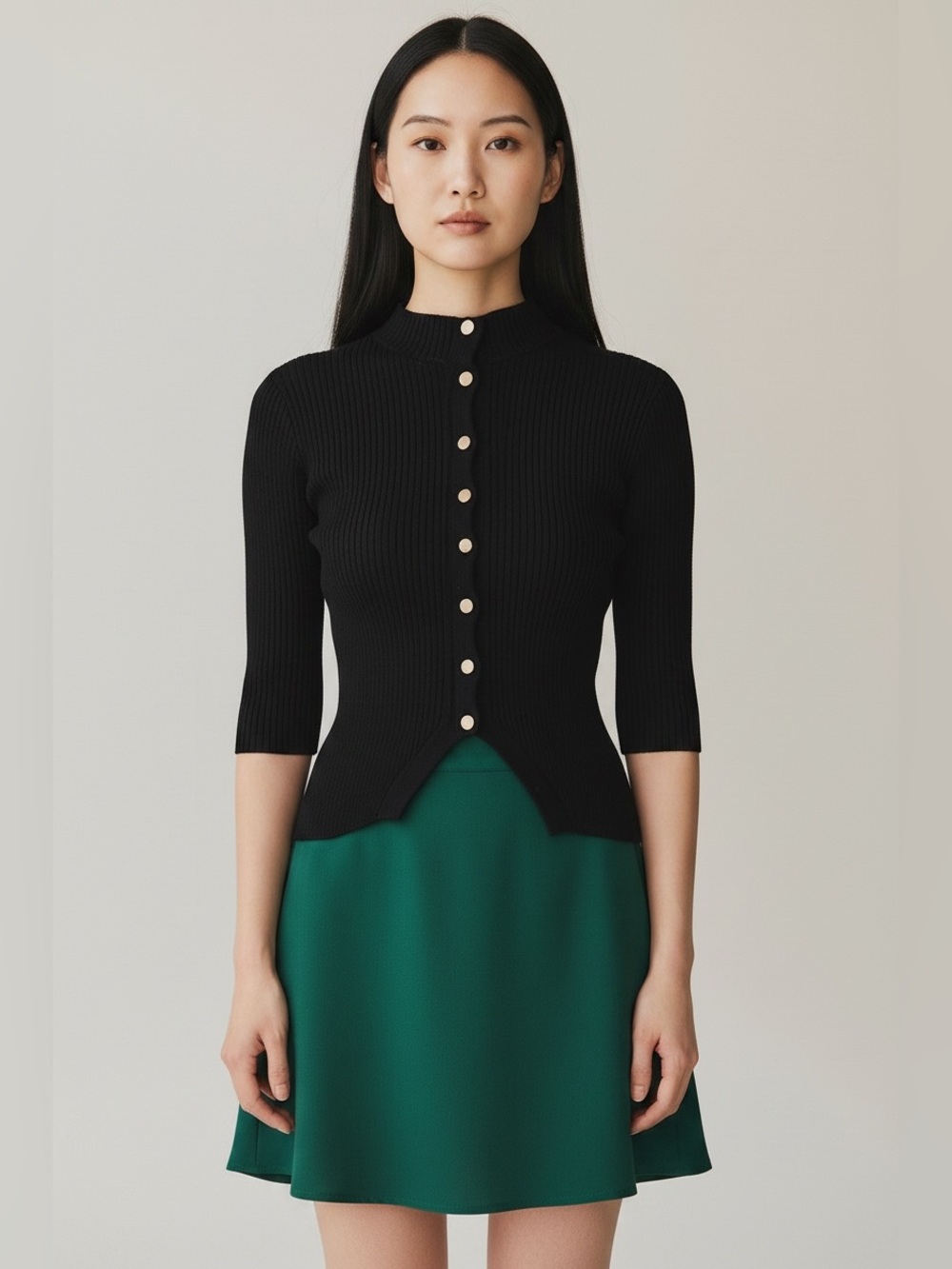 Maje Black rib knit mock neck gold button top blouse turtleneck 1 S old money